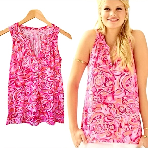 Lilly Pulitzer - Print ‘Pink Pout Mango Salsa’ Essie Style 
Tank | Sz Small - Picture 7 of 7